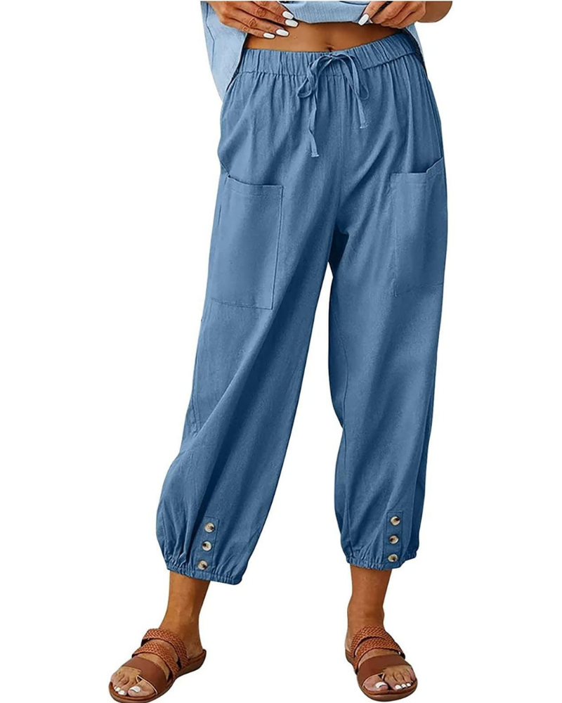Hailey Pantalón 7/8 Mujer – Estilo Lino con Pierna Ancha y Detalle de Botones