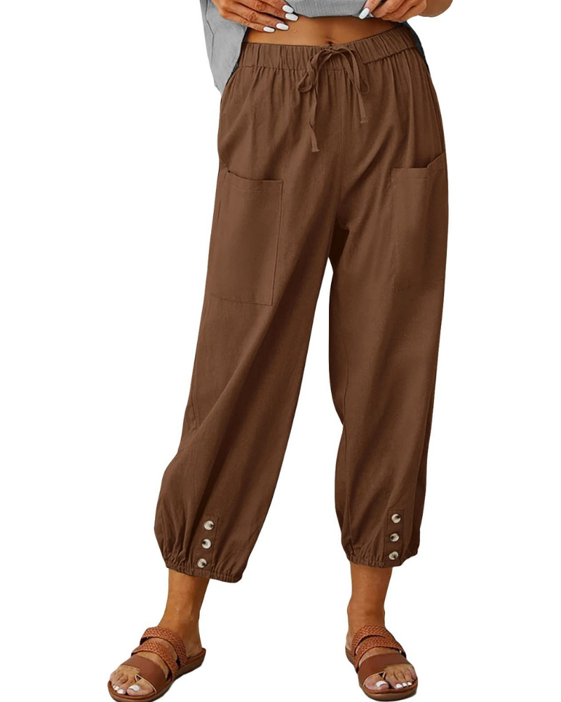 Hailey Pantalón 7/8 Mujer – Estilo Lino con Pierna Ancha y Detalle de Botones