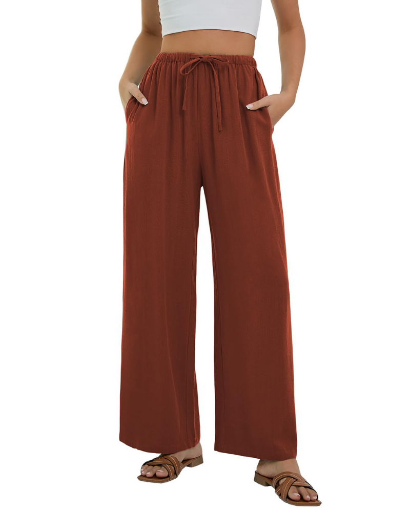 Lola Pantalón Palazzo Mujer – Estilo Lino con Cintura Alta, Cordón y Bolsillos