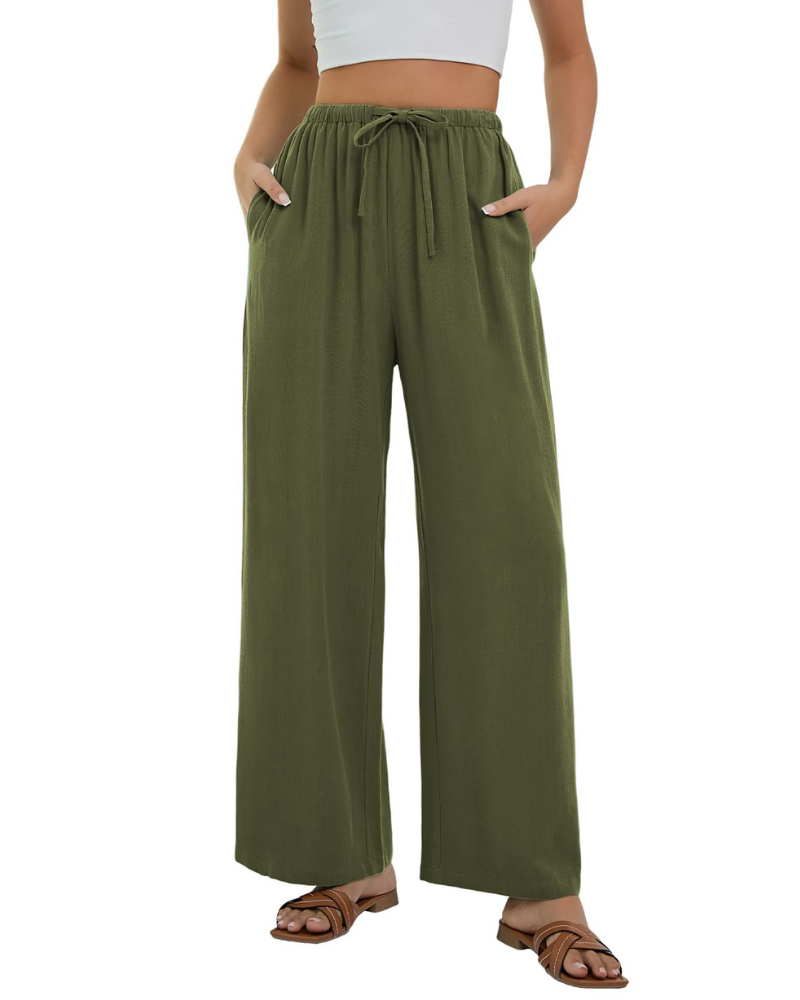 Lola Pantalón Palazzo Mujer – Estilo Lino con Cintura Alta, Cordón y Bolsillos