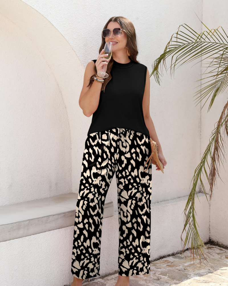 Natalie Conjunto de Dos Piezas para Mujer – Top Sin Mangas de Cuello Alto y Pantalón Palazzo Estampado