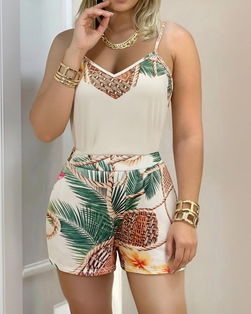 Maya Conjunto Mujer – Set Tropical Dos Piezas, Top Escote en V y Shorts Altos