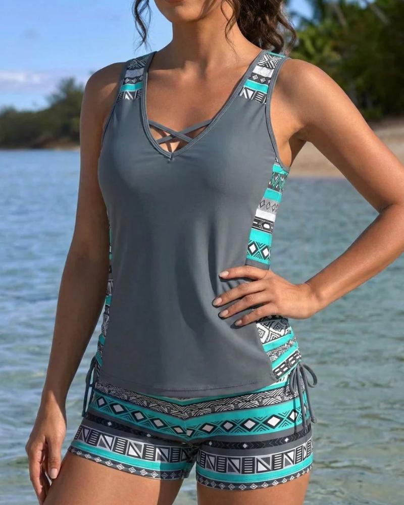 Alyssa Tankini Mujer de Dos Piezas – Top Corte A, Short de Cintura Alta y Estampado Geométrico