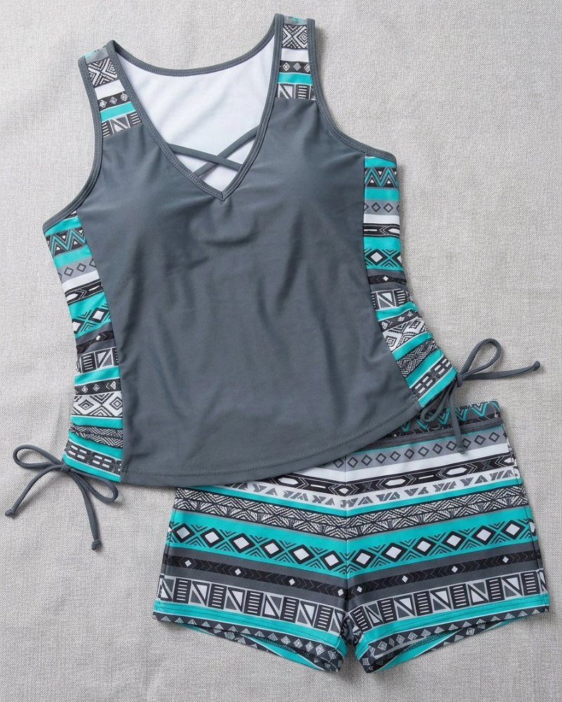 Alyssa Tankini Mujer de Dos Piezas – Top Corte A, Short de Cintura Alta y Estampado Geométrico
