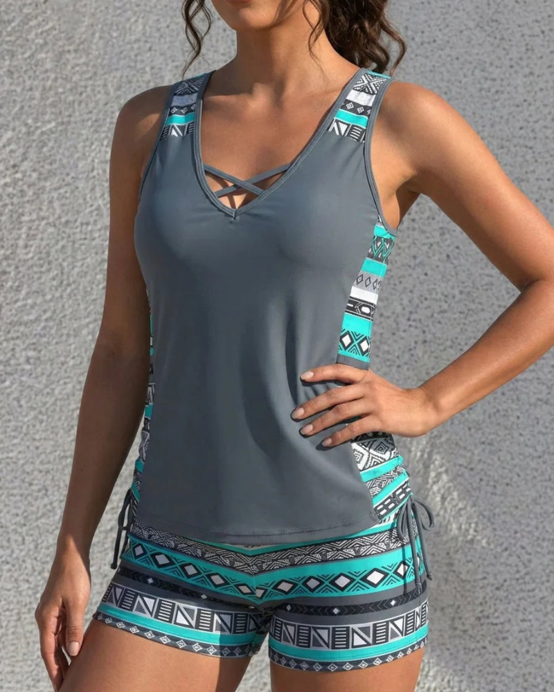 Alyssa Tankini Mujer de Dos Piezas – Top Corte A, Short de Cintura Alta y Estampado Geométrico