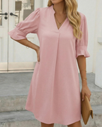 Clara Vestito Midi Donna – Scollo a V, Maniche Arricciate e Design a Colore Unito