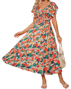 Camryn Abito Maxi Floreale Donna – Scollo a V, Volant e Vita Elastica