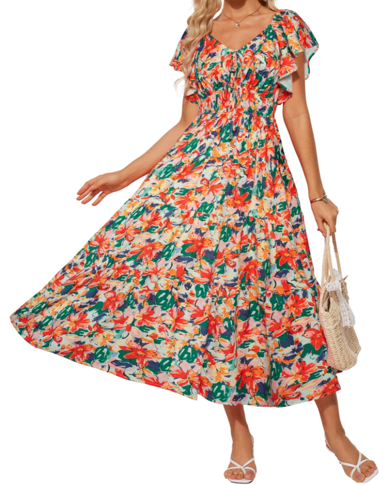 Camryn Abito Maxi Floreale Donna – Scollo a V, Volant e Vita Elastica