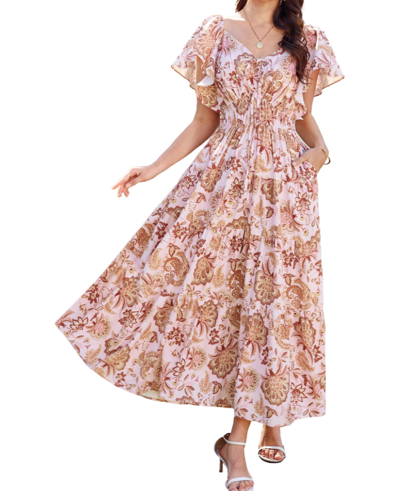 Robe Maxi Florale Camryn Femme – Col en V, Volants et Taille Élastique