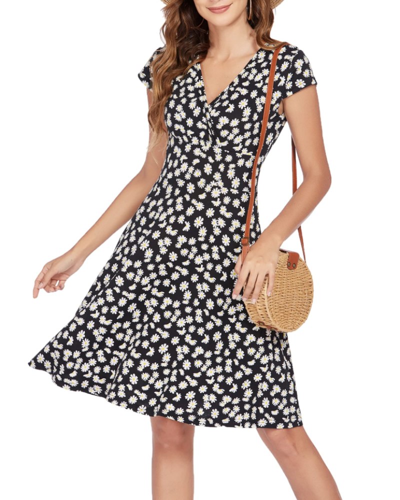 Riley Robe Ligne A Femme – Col en V, Manches Courtes et Tissu Jersey Élastique