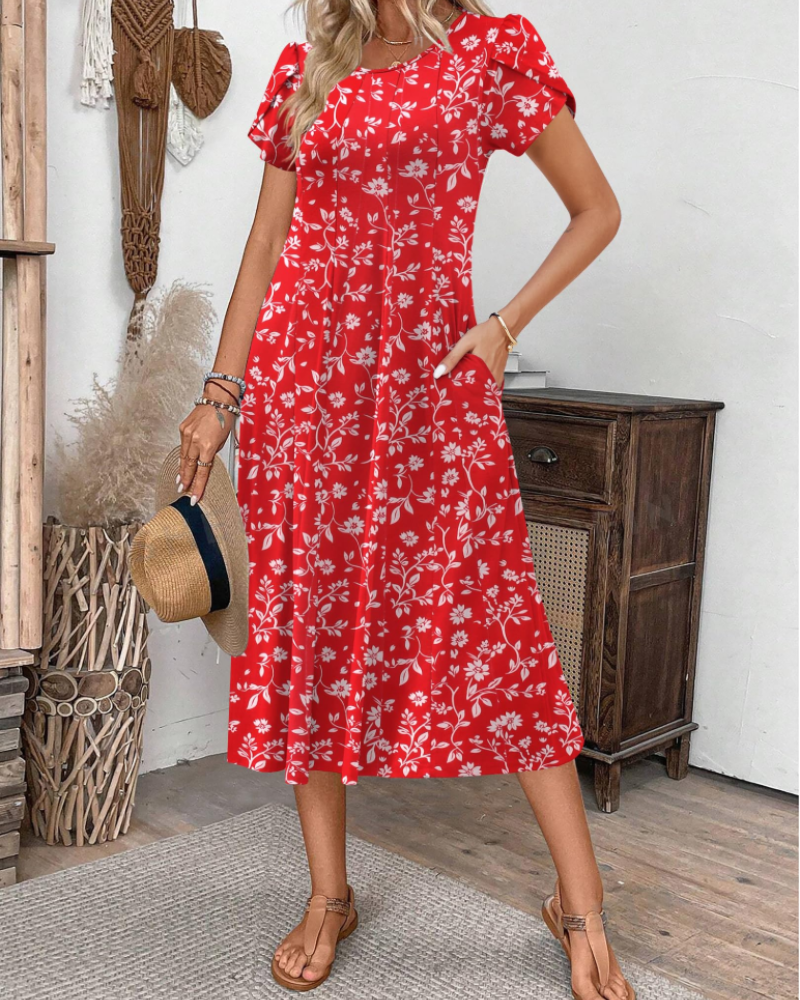 Harper Vestido Midi Mujer – Corte Línea A, Manga Corta, Bolsillos y Estampado Floral