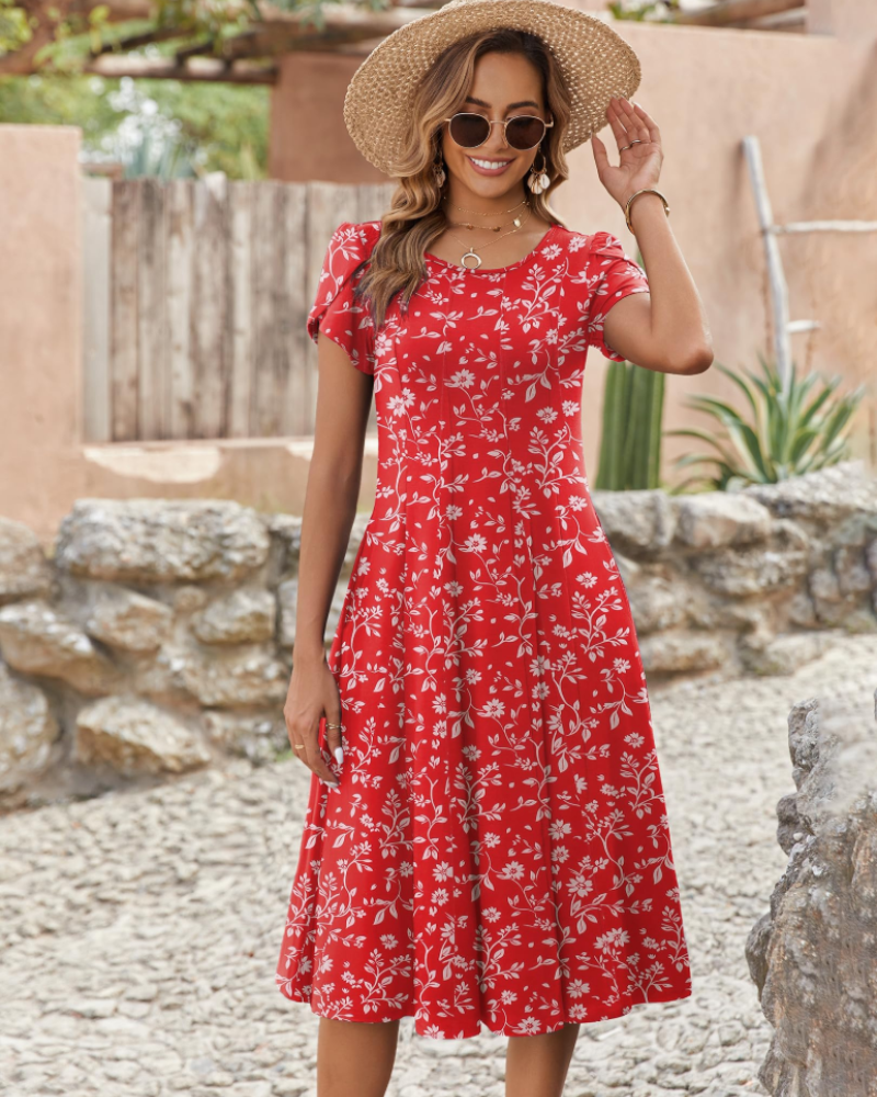 Harper Vestido Midi Mujer – Corte Línea A, Manga Corta, Bolsillos y Estampado Floral