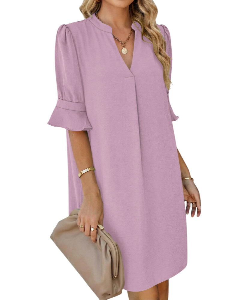Robe chemise Juliet pour femme – Col en V, manches volantées, coupe ligne A et poches