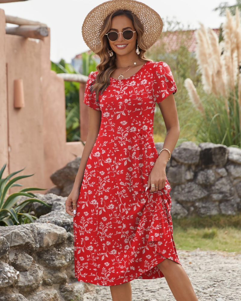 Harper Vestido Midi Mujer – Corte Línea A, Manga Corta, Bolsillos y Estampado Floral