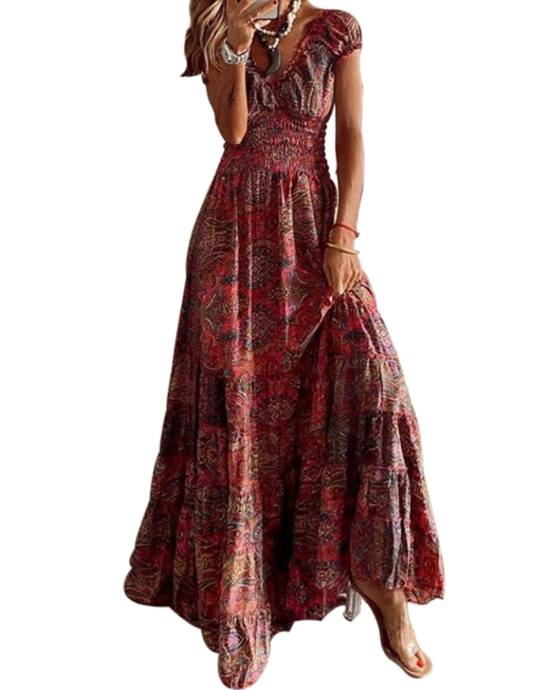Elara Vestito Maxi Donna – Scollo a V, Stampa Floreale e Vita Elastica