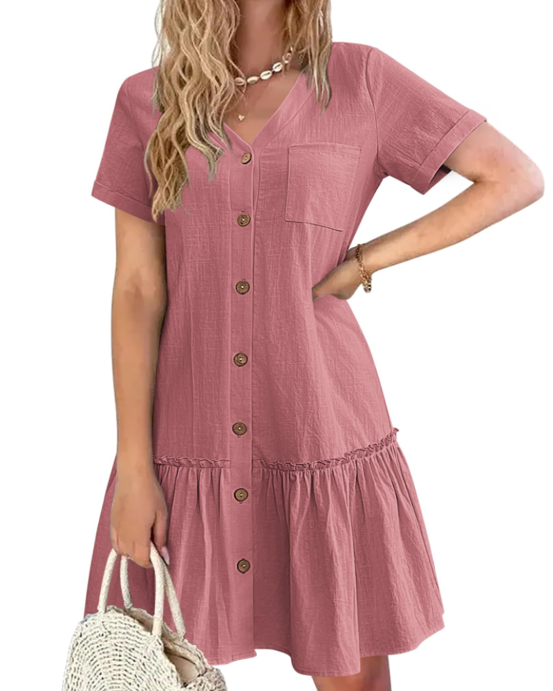 Iris Vestito Donna Cotone e Lino – Collo a V, Bottoni in Legno e Gonna Plissettata