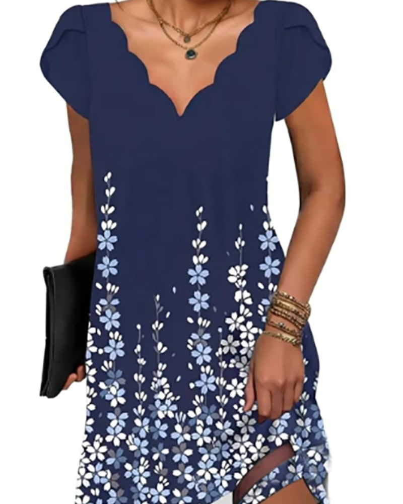 Ruby Vestido Mini Mujer – Cuello en V, Manga Corta, Estampado y Corte Relajado