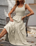 Serena Vestido Midi Mujer – Sin Mangas, Volantes, Cuello Cuadrado y Corte Fluido