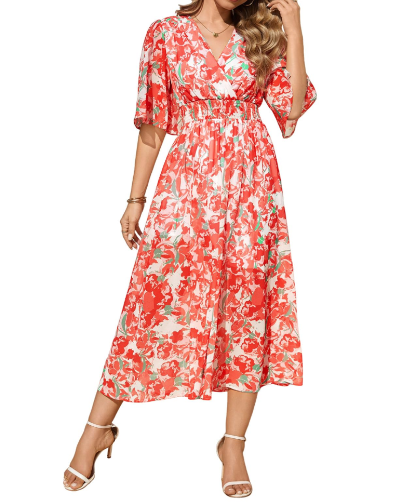 Penelope Abito Maxi Donna – Scollo a V, Vita Elastica e Stampa Floreale
