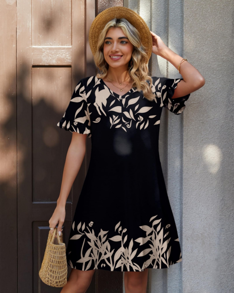 Callie Vestido Mini Boho Mujer – Cuello en V, Volantes, Bolsillos y Corte Línea A