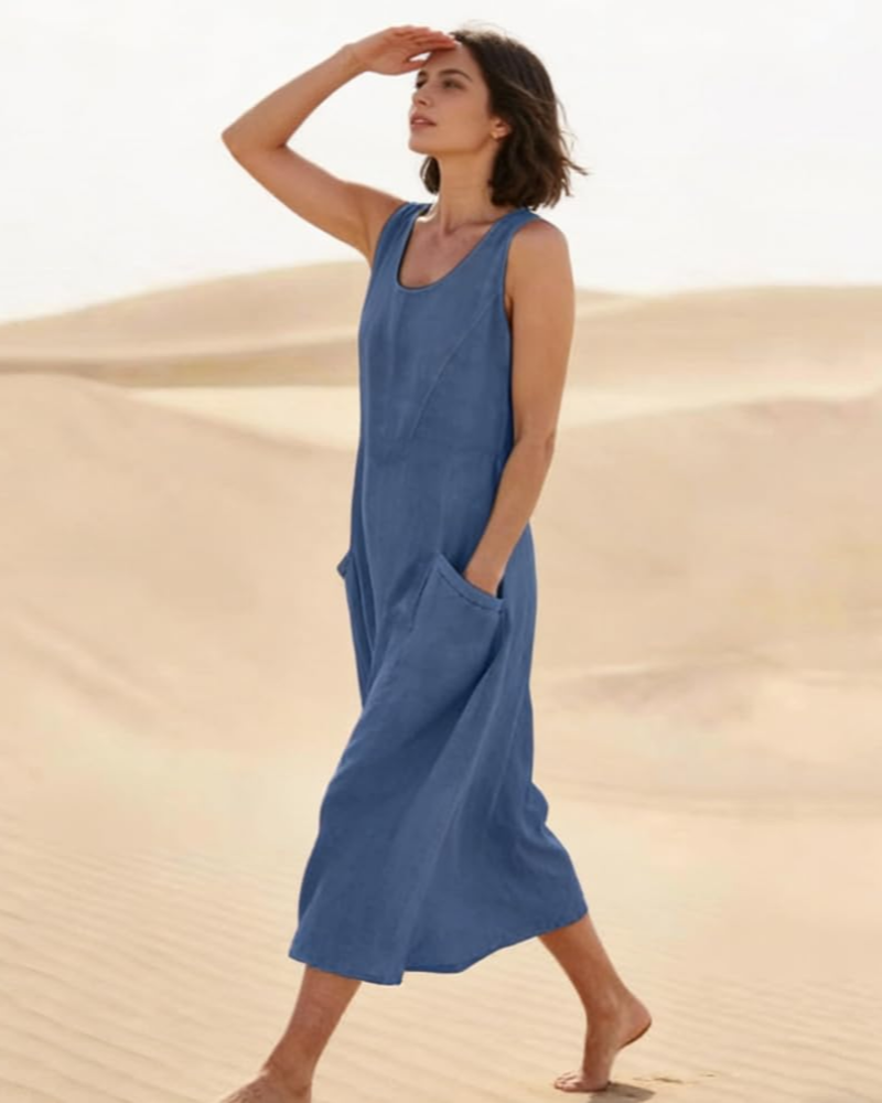 Lydia Vestido Maxi Mujer – Sin Mangas, Corte Holgado y Bolsillos Laterales
