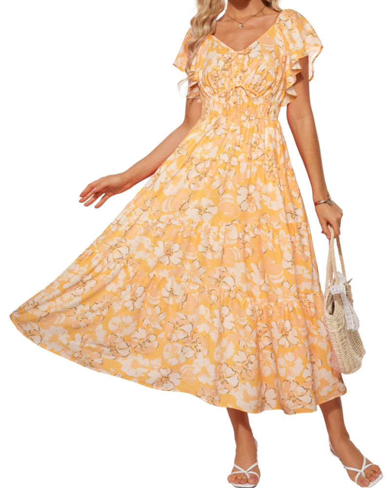 Robe Maxi Florale Camryn Femme – Col en V, Volants et Taille Élastique