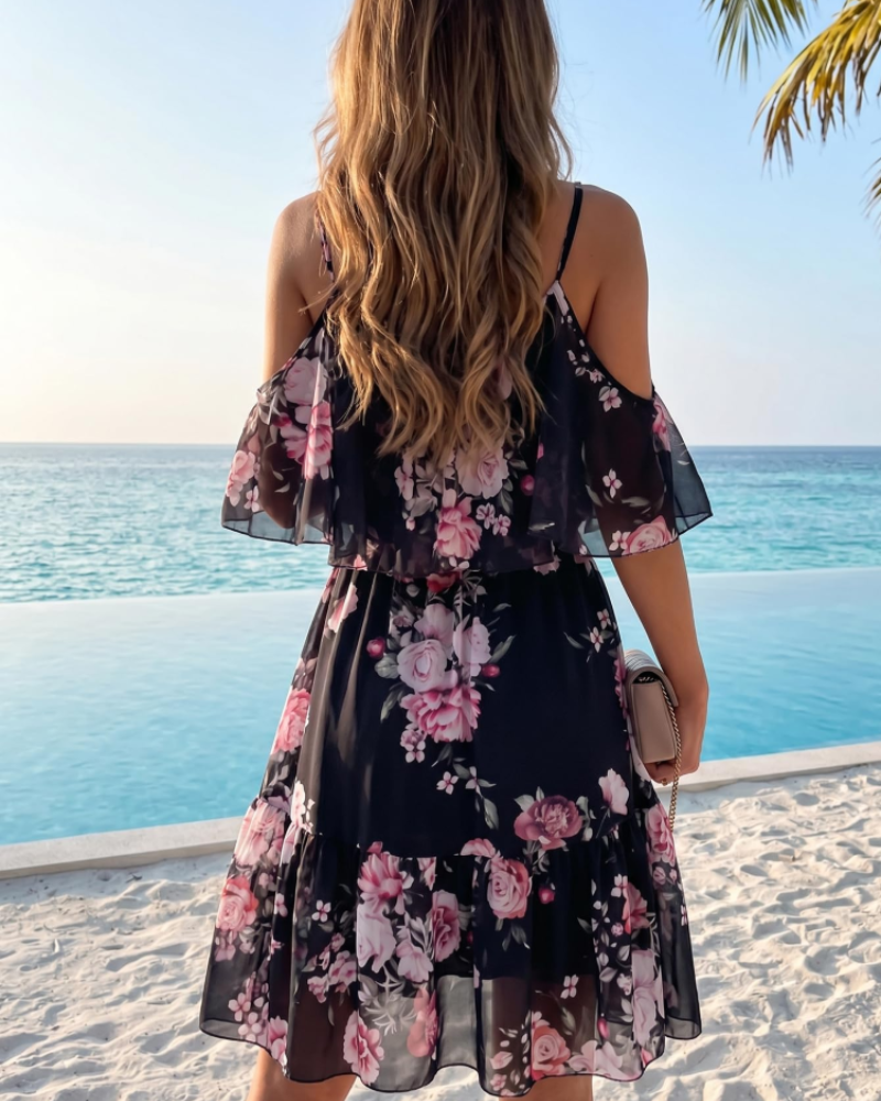 Daisy Vestido Mini Mujer – Floral, Hombros Descubiertos, Tirantes y Volantes