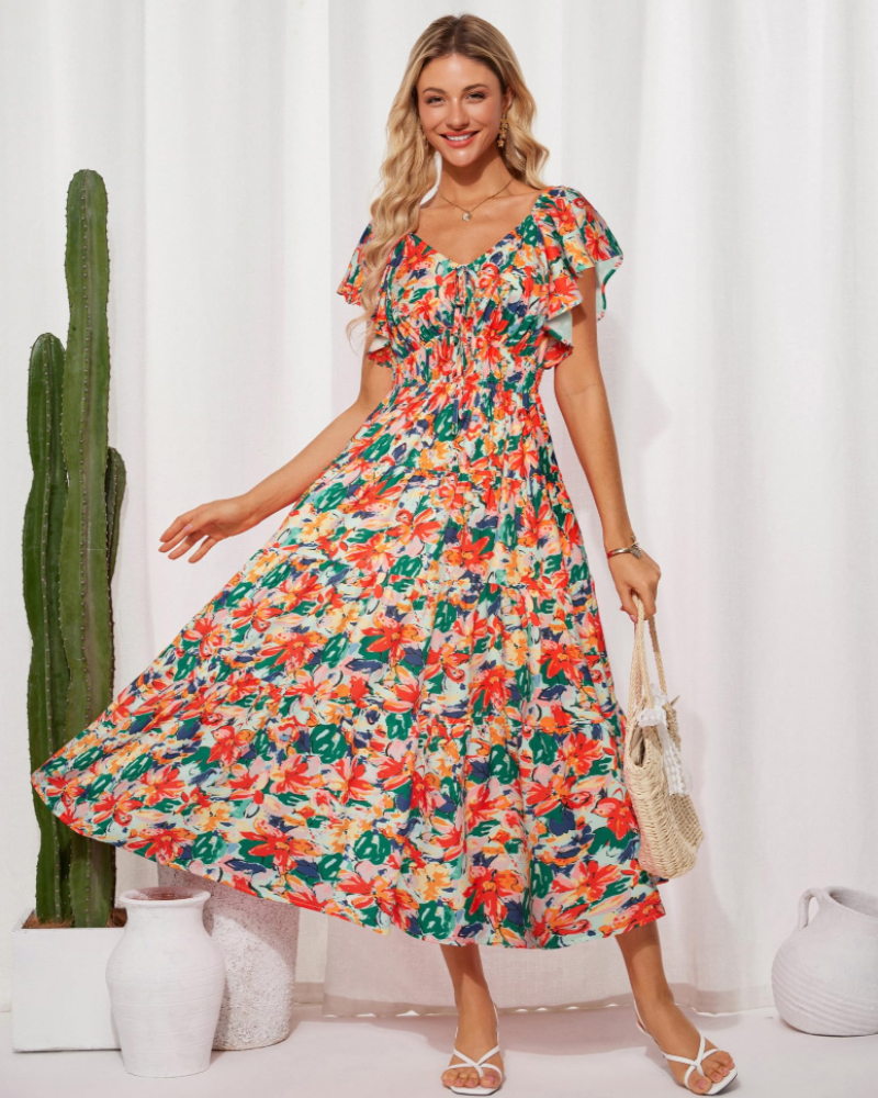 Camryn Abito Maxi Floreale Donna – Scollo a V, Volant e Vita Elastica