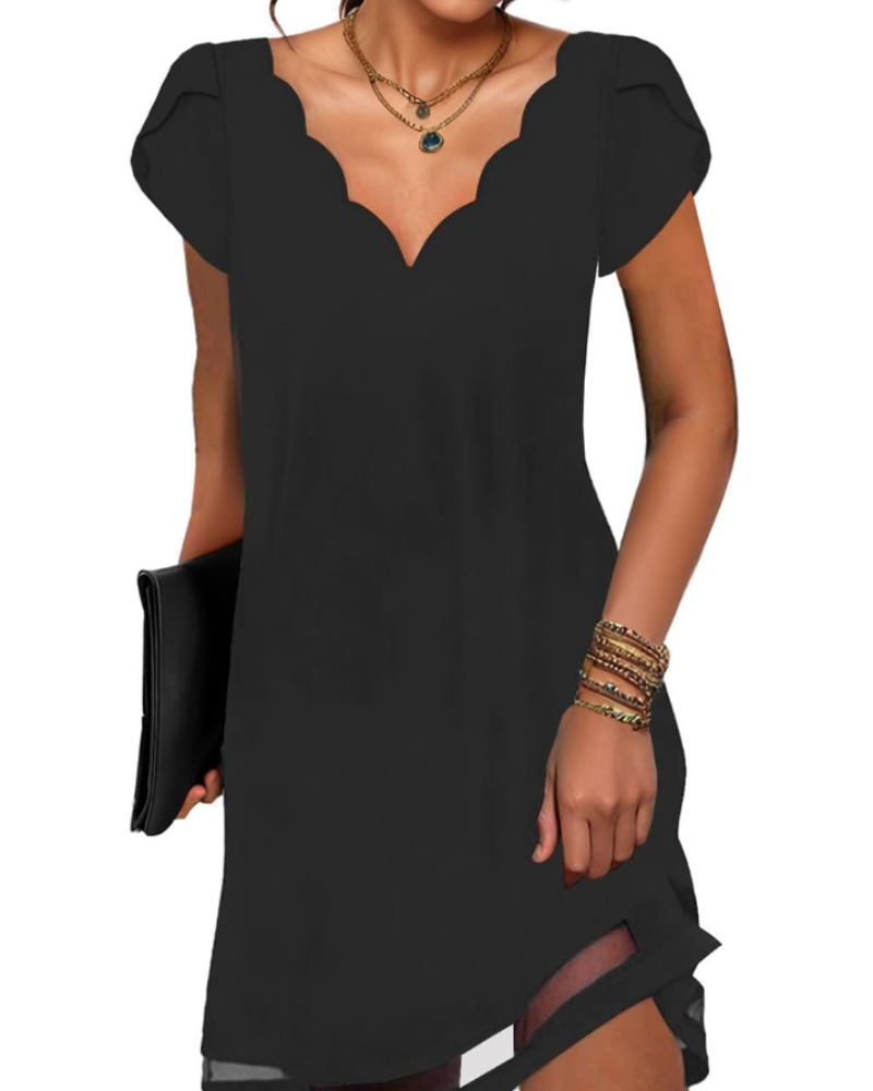 Ruby Vestido Mini Mujer – Cuello en V, Manga Corta, Estampado y Corte Relajado
