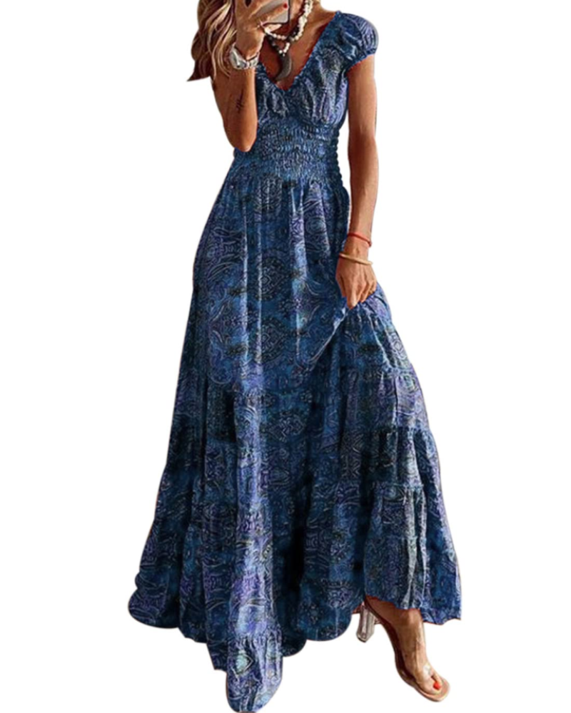 Elara Vestito Maxi Donna – Scollo a V, Stampa Floreale e Vita Elastica