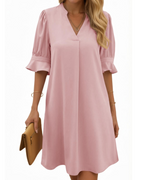 Clara Vestito Midi Donna – Scollo a V, Maniche Arricciate e Design a Colore Unito