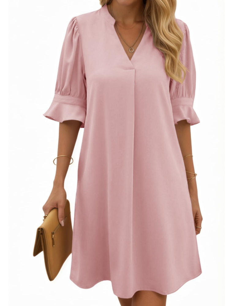 Clara Vestito Midi Donna – Scollo a V, Maniche Arricciate e Design a Colore Unito