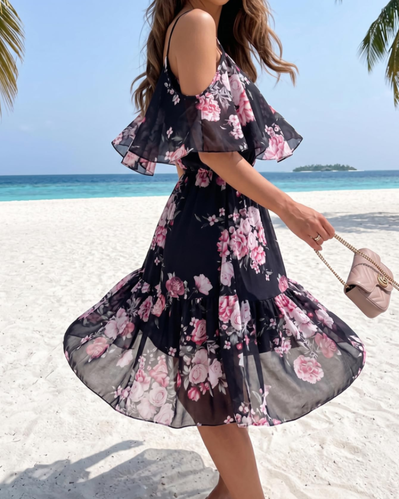 Daisy Vestido Mini Mujer – Floral, Hombros Descubiertos, Tirantes y Volantes