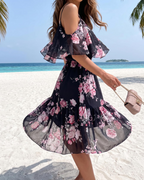 Daisy Vestido Mini Mujer – Floral, Hombros Descubiertos, Tirantes y Volantes