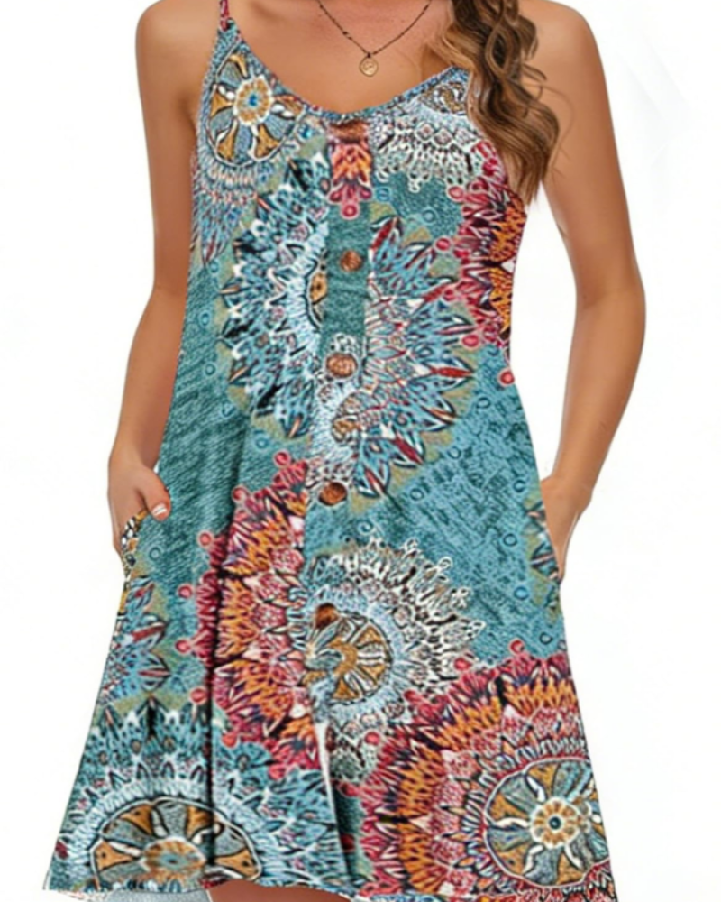 Nora Vestido Playa Mujer – Tirantes Ajustables, Botones, Bolsillos y Cuello en V