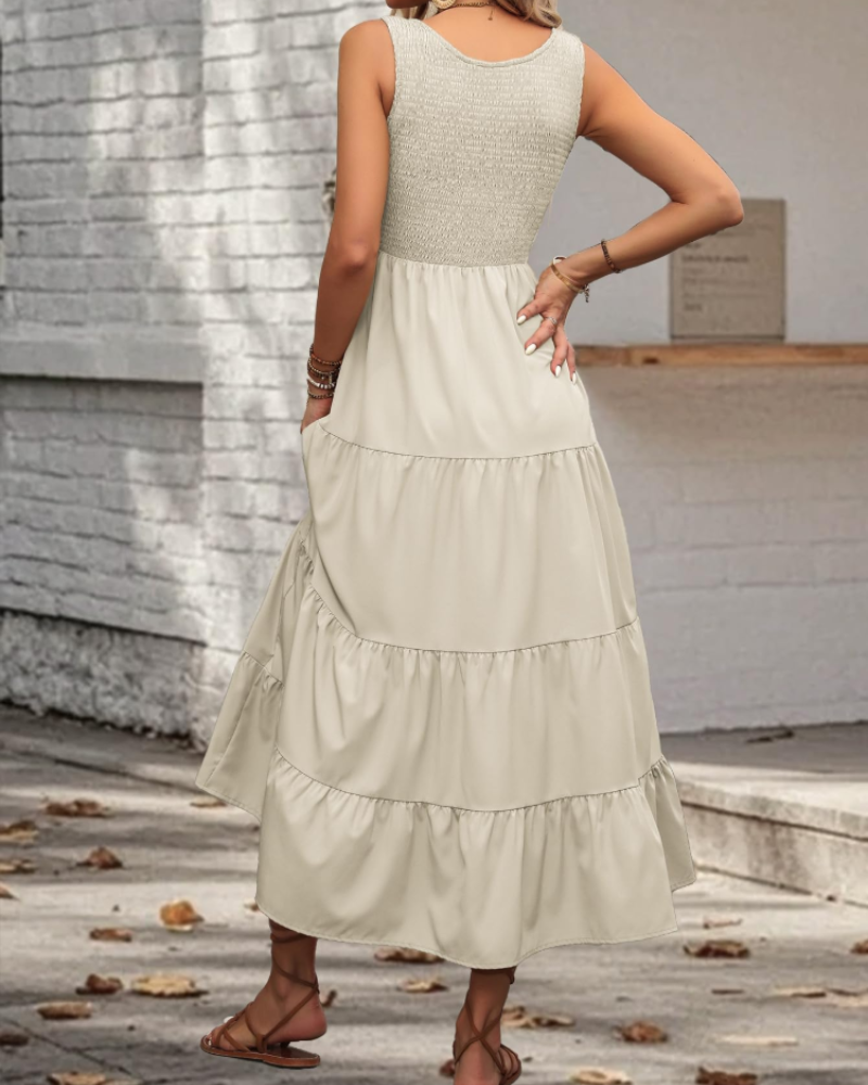 Serena Vestido Midi Mujer – Sin Mangas, Volantes, Cuello Cuadrado y Corte Fluido