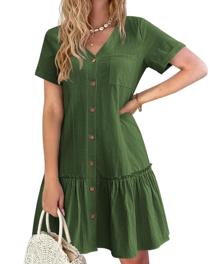 Iris Vestito Donna Cotone e Lino – Collo a V, Bottoni in Legno e Gonna Plissettata