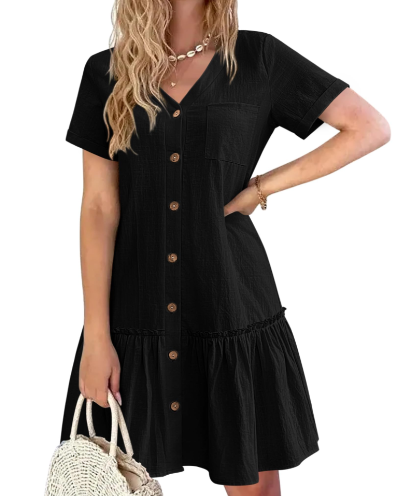 Iris Vestito Donna Cotone e Lino – Collo a V, Bottoni in Legno e Gonna Plissettata
