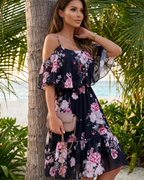 Daisy Vestido Mini Mujer – Floral, Hombros Descubiertos, Tirantes y Volantes