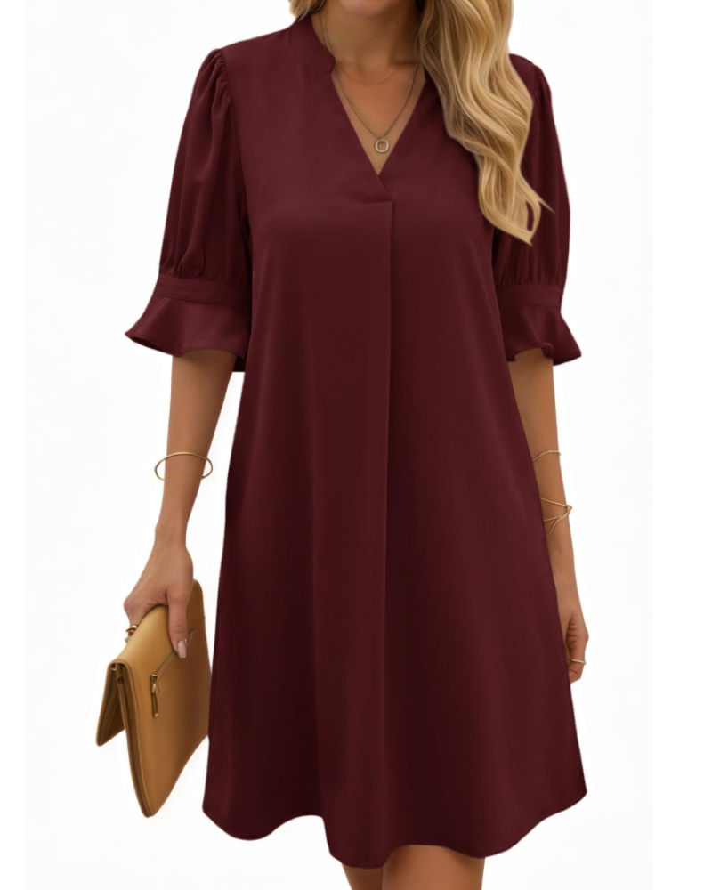 Clara Vestito Midi Donna – Scollo a V, Maniche Arricciate e Design a Colore Unito