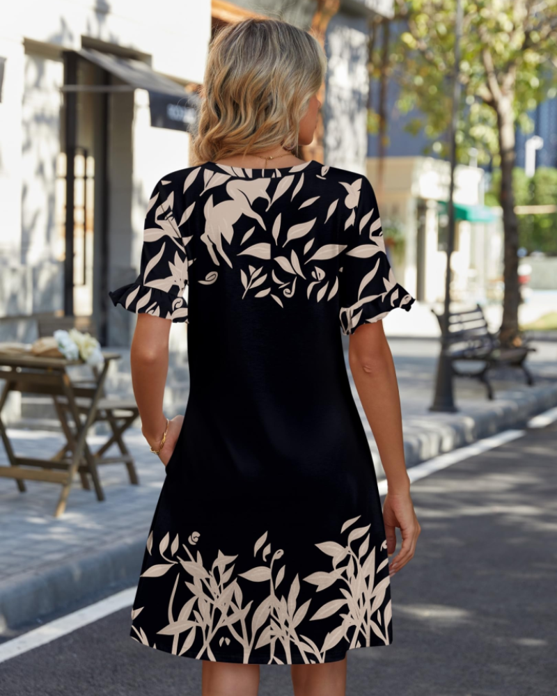 Callie Vestido Mini Boho Mujer – Cuello en V, Volantes, Bolsillos y Corte Línea A