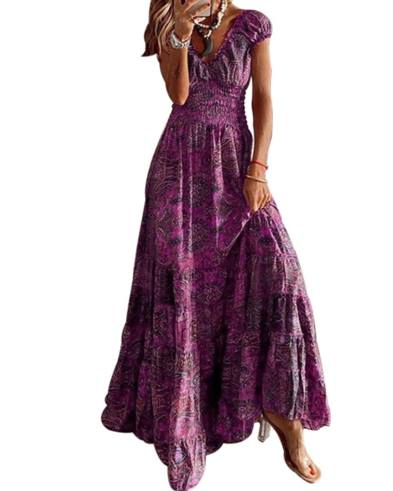 Elara Vestito Maxi Donna – Scollo a V, Stampa Floreale e Vita Elastica