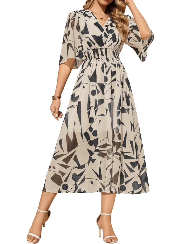 Penelope Abito Maxi Donna – Scollo a V, Vita Elastica e Stampa Floreale