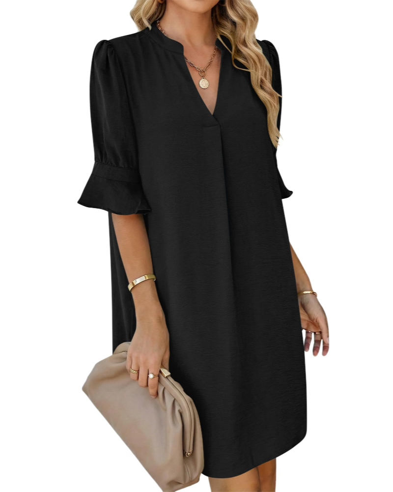Robe chemise Juliet pour femme – Col en V, manches volantées, coupe ligne A et poches