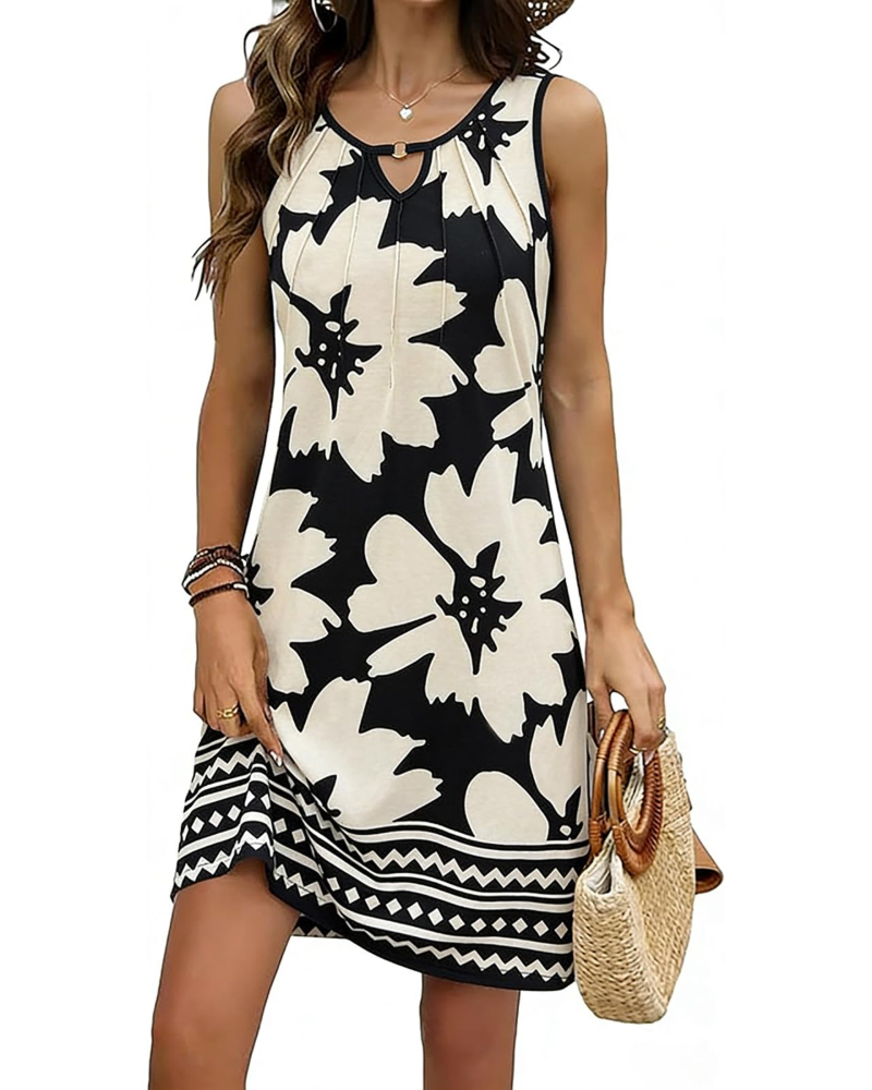 Robe Mini Florale Evelyn Femme – Col V, Sans Manches, Boutons et Coupe Ligne A