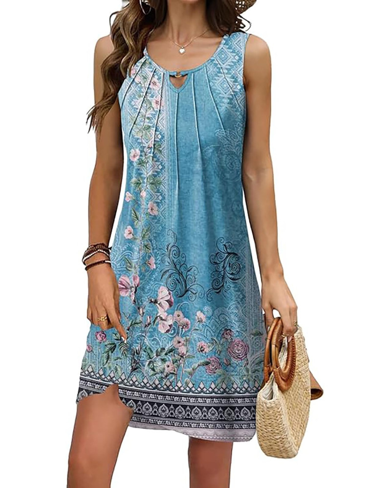 Robe Mini Florale Evelyn Femme – Col V, Sans Manches, Boutons et Coupe Ligne A
