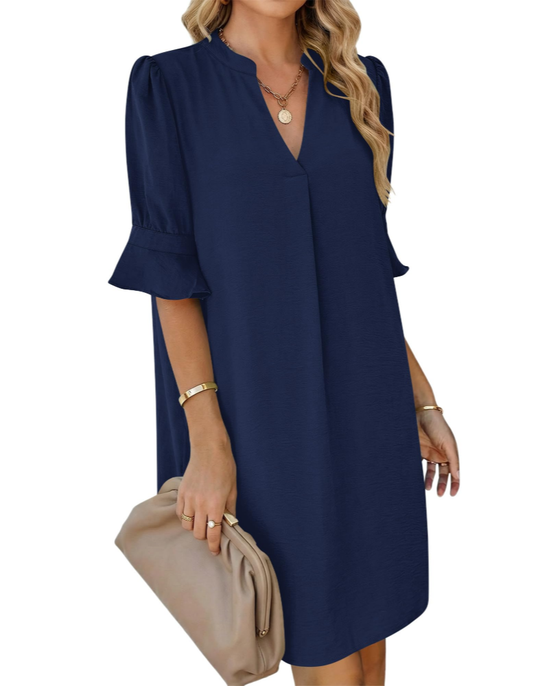Robe chemise Juliet pour femme – Col en V, manches volantées, coupe ligne A et poches