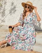 Penelope Vestido Maxi Mujer – Cuello en V, Cintura Elástica y Estampado Floral