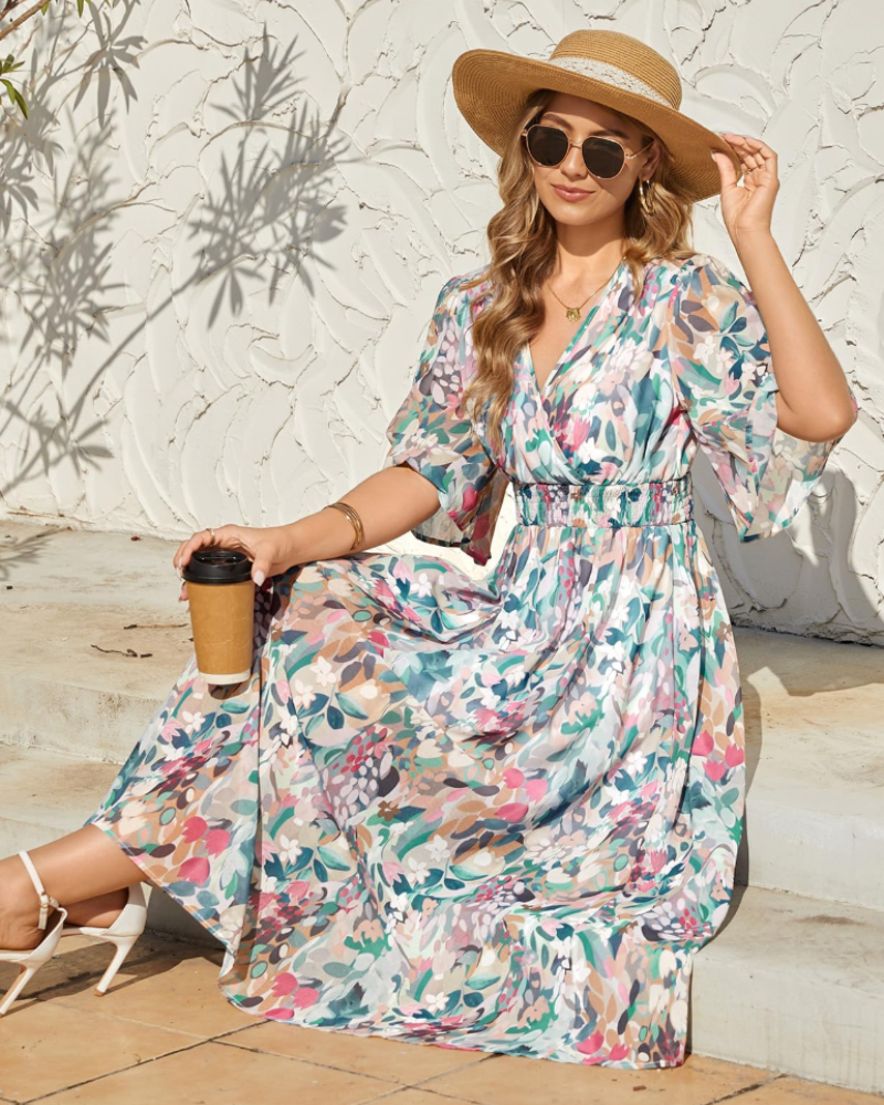 Penelope Vestido Maxi Mujer – Cuello en V, Cintura Elástica y Estampado Floral