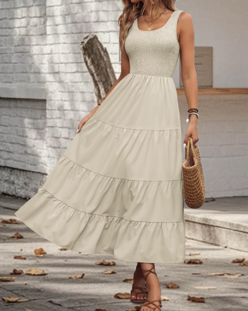 Serena Vestido Midi Mujer – Sin Mangas, Volantes, Cuello Cuadrado y Corte Fluido